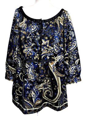 Y2K I.C.E. Top Womens Plus Size 1X Paisley Satin Button Blouse Black/Blue Going